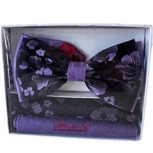 BrandQ Bow Tie With Pocket Squares Purple & Black Floral New In Box